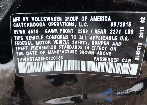 2015 Volkswagen Passat 1.8T Limited Edition z USA, uszkodzony, nr VIN 1VWAS7A38FC120133